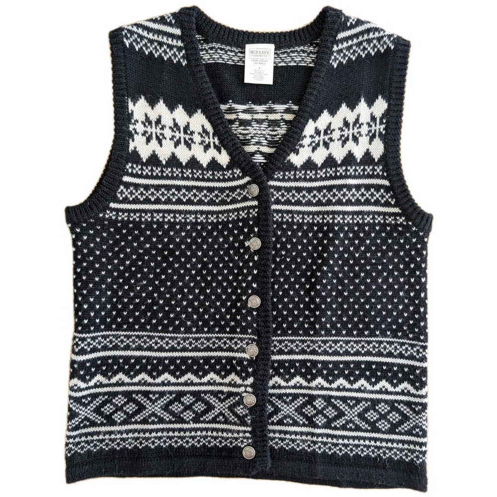 Vtg 90s Old Navy Fair Isle Cardigan Vest Sz S Knit Wool Nordic Button Ski Lodge